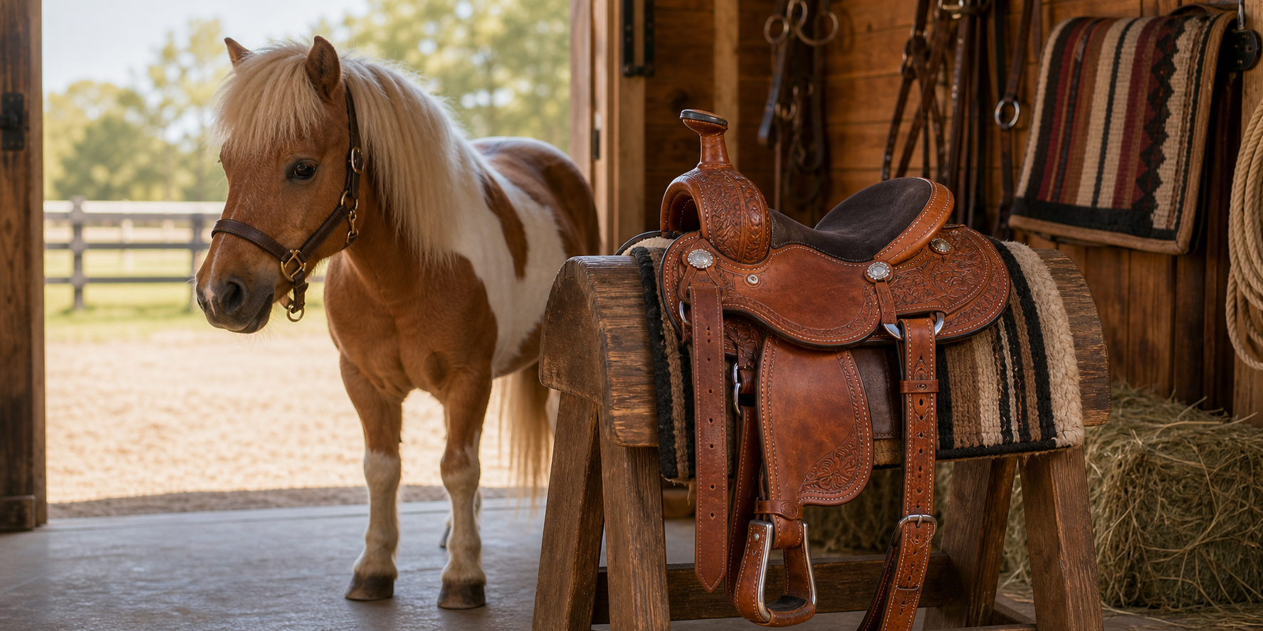 Compact 13 inch western saddle displayed beside a gentle pinto pony in a barn doorway