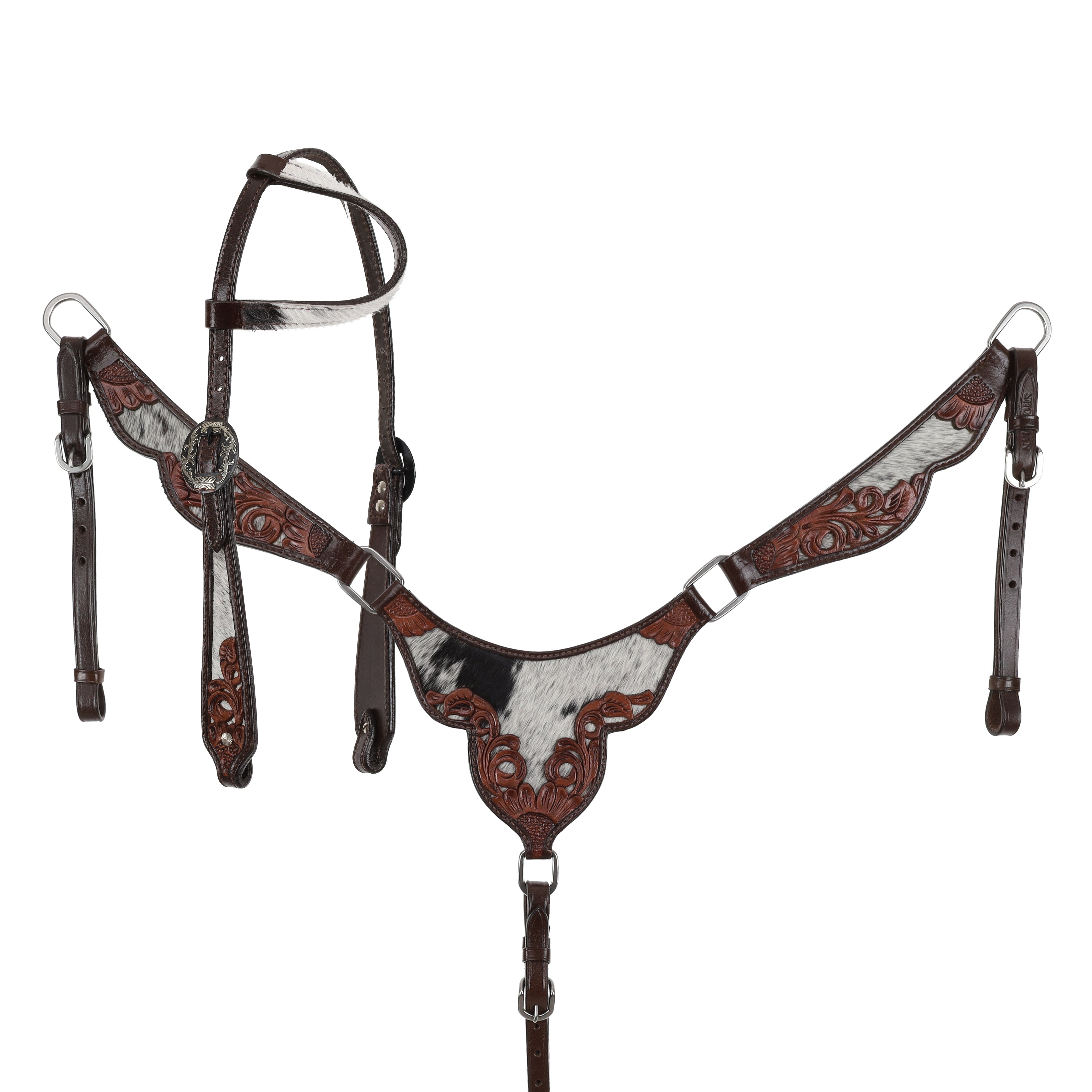 Brown-and-black-hair-on-cowhide-headstall-and-breastcollar-set