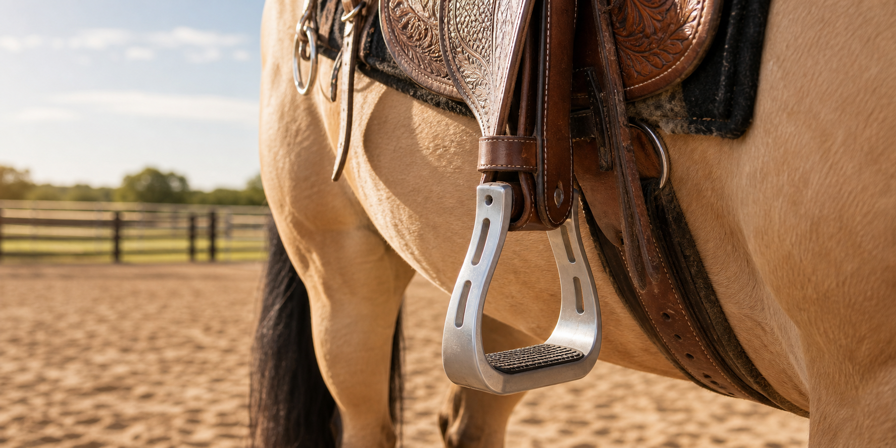 Aluminum western stirrup hanging from a leather saddle on a buckskin horse in an outdoor arena