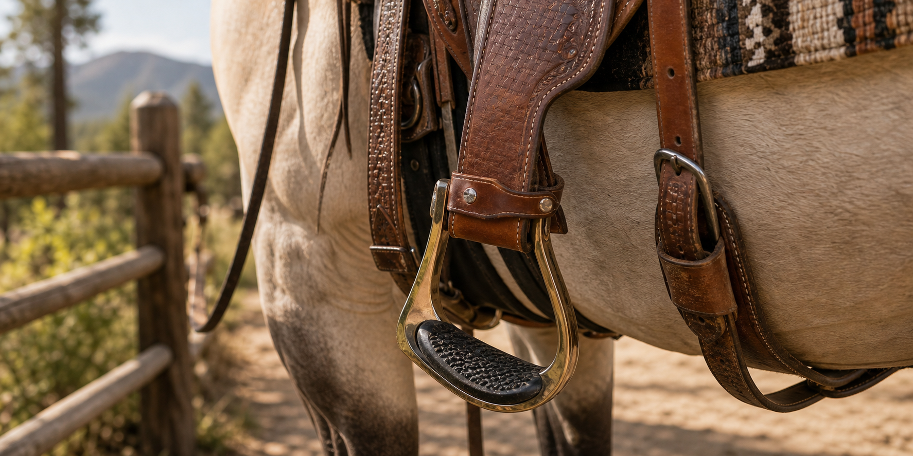 Angled western stirrup hanging from a leather saddle on a grulla horse near a trail fence