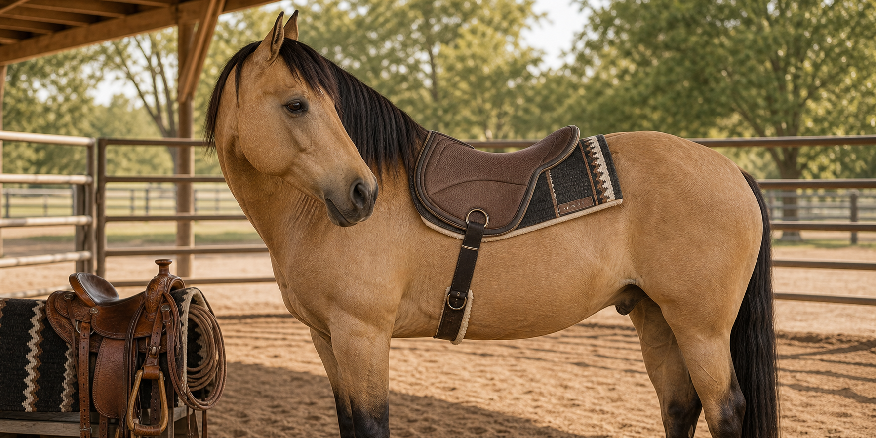 Buckskin horse wearing a structured bareback saddle pad in a shaded round pen