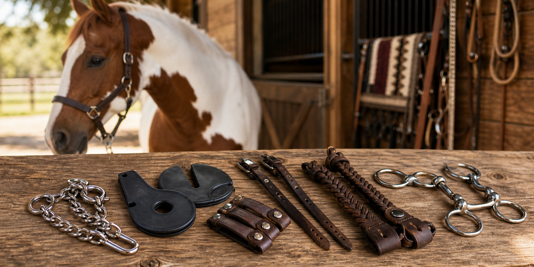 Western bit accessories including curb chain, bit guards, leather keepers, and small tack hardware on a bench with a paint horse