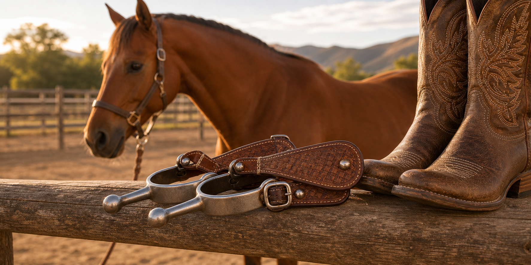 Blunt end western spurs with smooth rounded ends beside cowboy boots and a chestnut horse