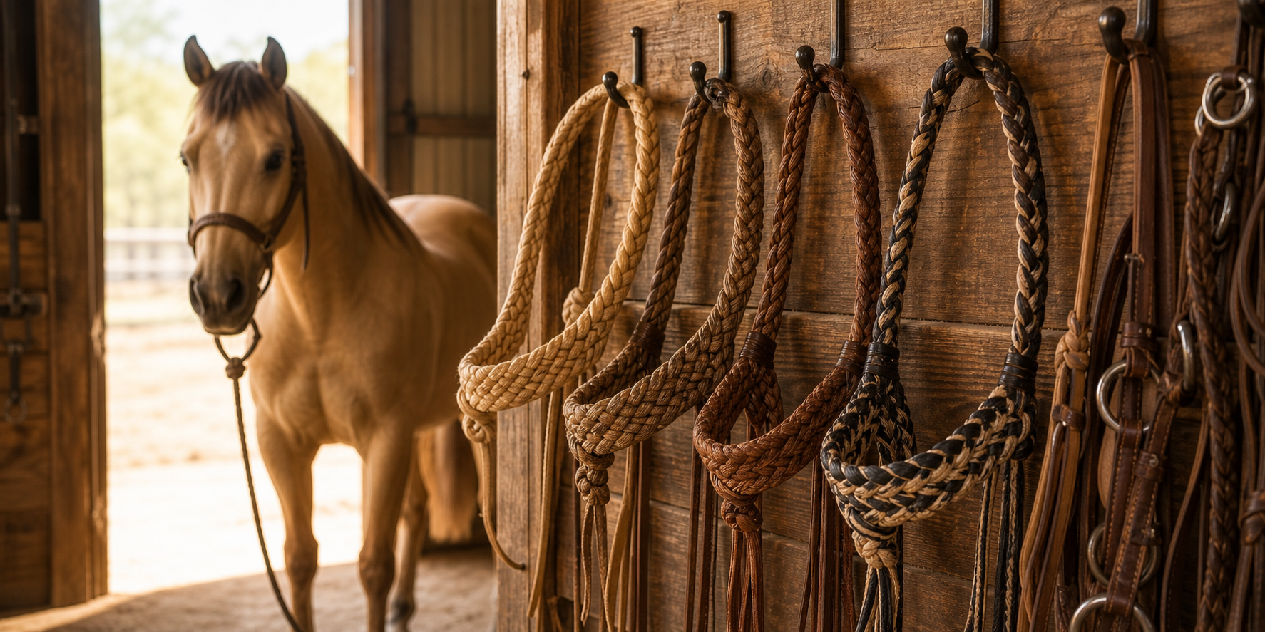Braided rawhide bosals in multiple tones hanging on a western tack wall with a dun horse nearby