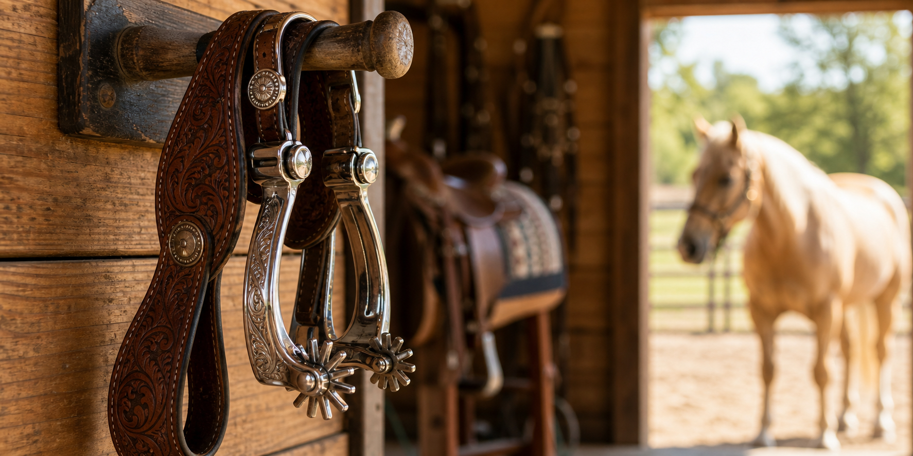 Chrome western spurs hanging on a barn tack wall with a palomino horse in the doorway