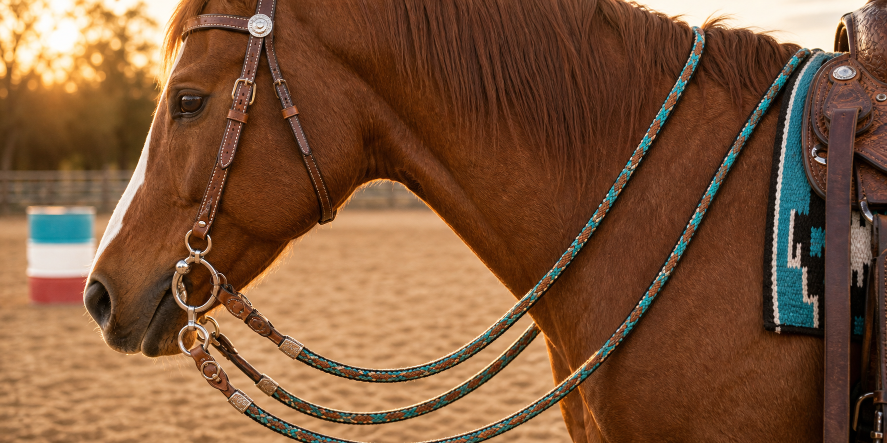Sorrel barrel horse wearing colorful contest reins and western tack in a practice arena