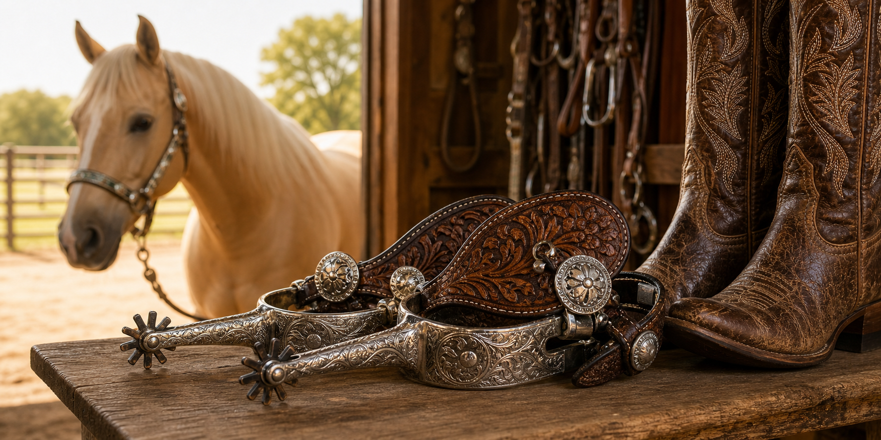 Decorative designed western spurs with engraved silver accents and tooled leather straps