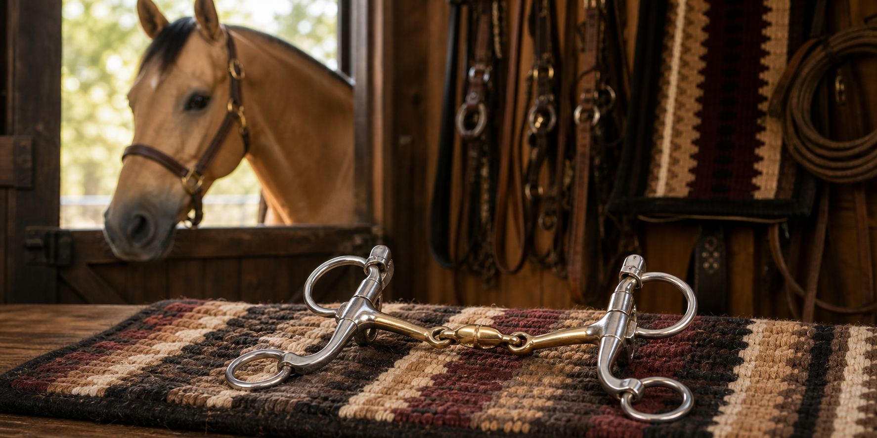 Dogbone horse bit displayed on a woven saddle blanket in a western tack room with a buckskin horse