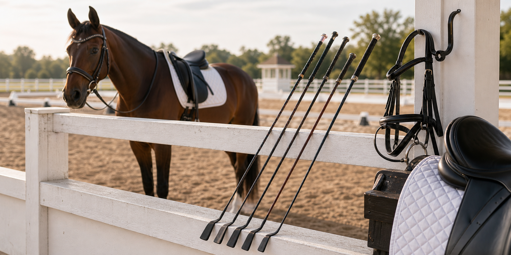 Dressage whips arranged along an English riding arena rail with a saddled horse nearby