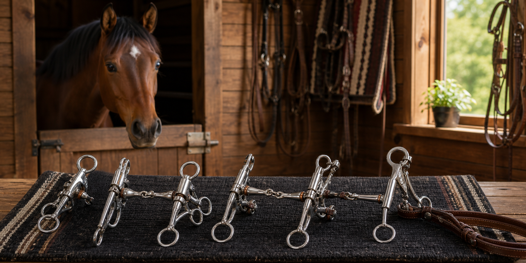 Elevator and gag horse bits arranged on a saddle pad in a tack room with a bay horse in the background