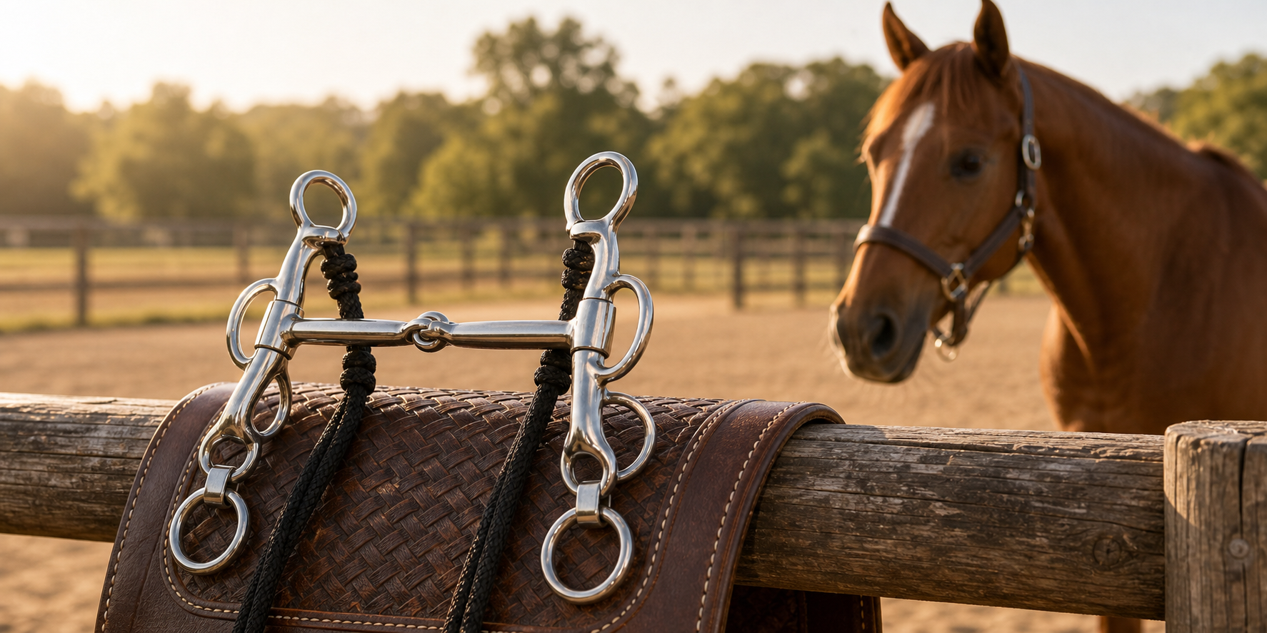 Gag bit with rope cheeks and sliding ring hardware on an arena rail with a chestnut horse in the background