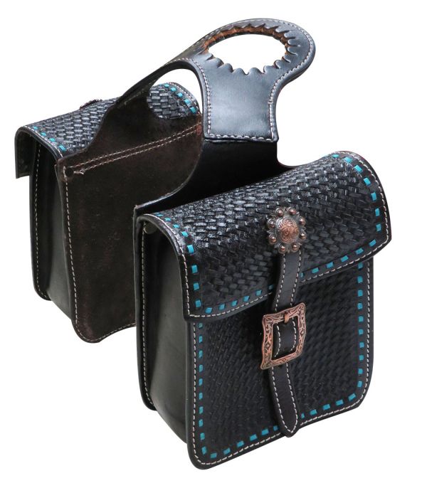 Horn Saddle Bags collection image featuring #176331: Showman ® Tooled leather horn bag with teal buck stitch