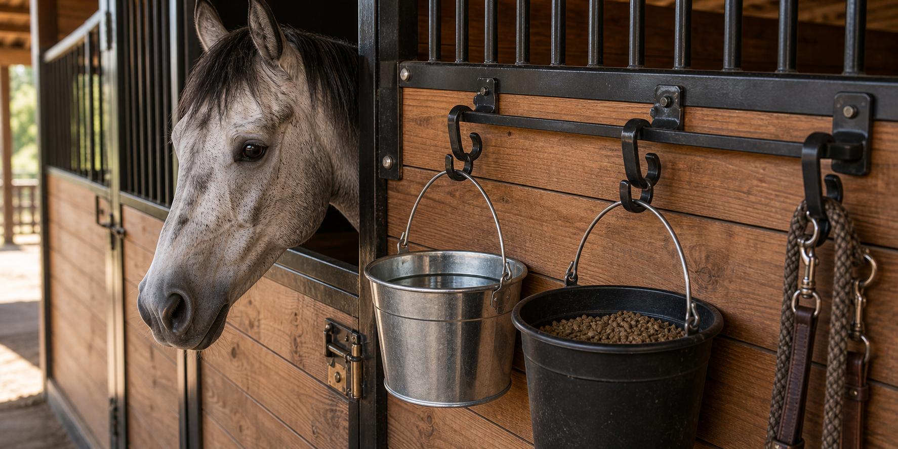Metal horse bucket hangers mounted on a stall front holding feed and water buckets