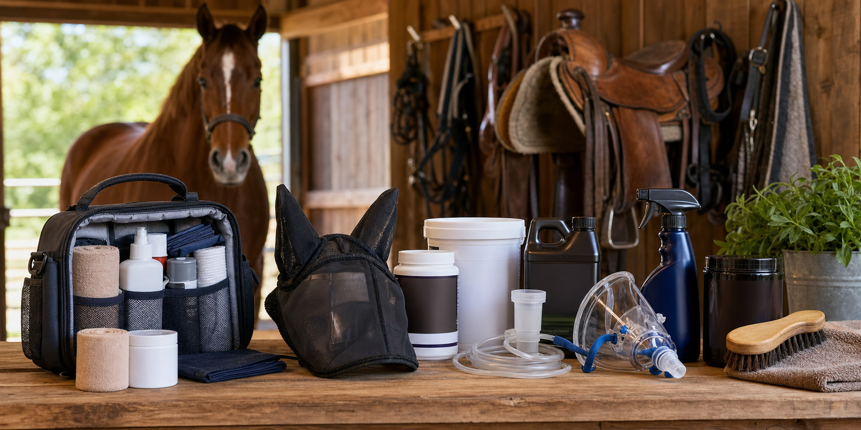 Horse care and wellness supplies with first aid, fly protection, and respiratory care products