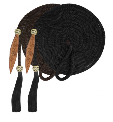 Mecate Reins collection image featuring #175563: Showman® 21' Nylon Mecatie Reins with Horse Hair Tassle and Leather Popper