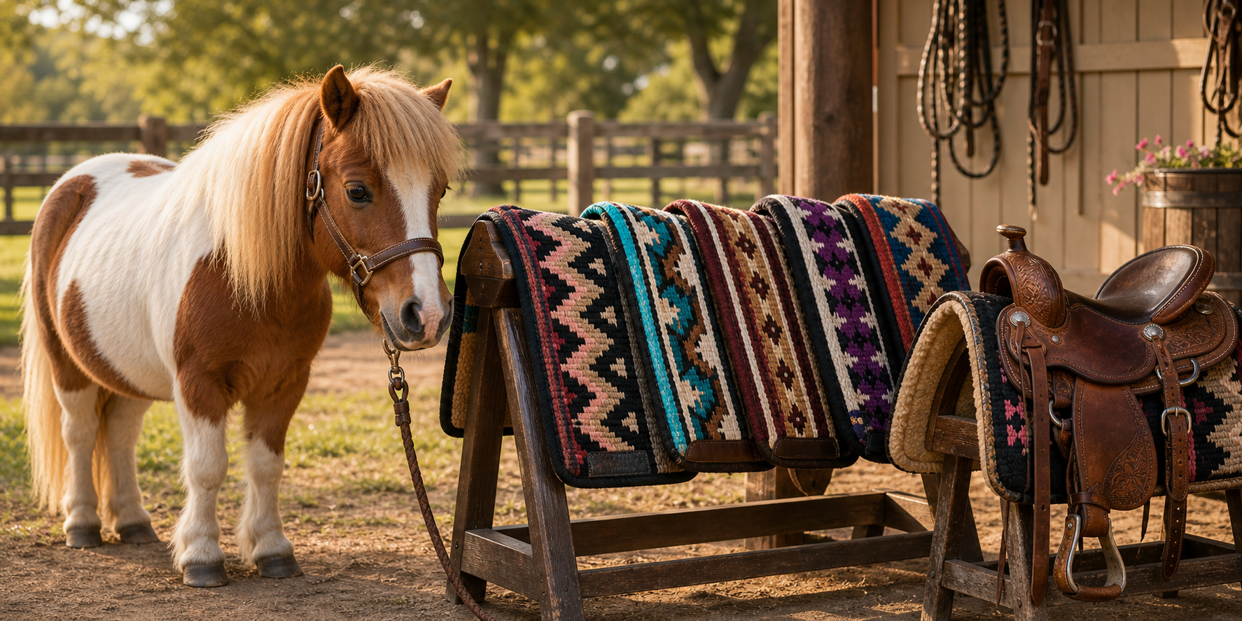 Pinto pony beside pony and mini western saddle pads on a low rack