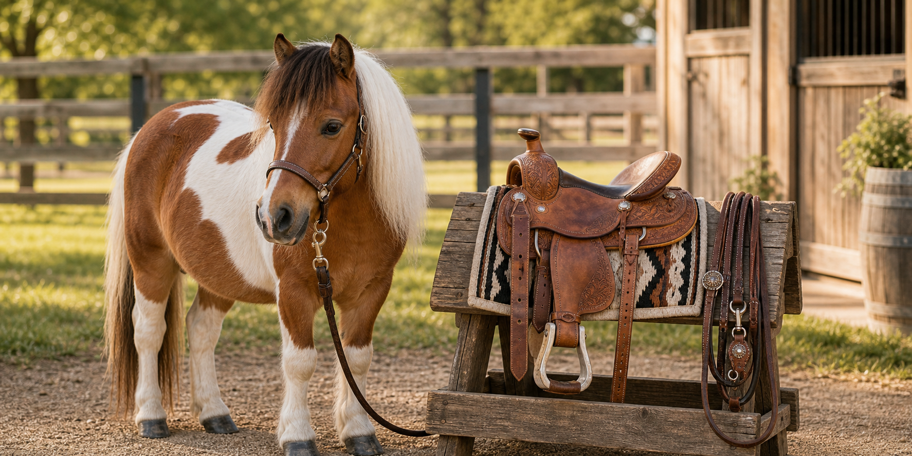 Pinto pony standing beside a small western pony saddle on a wooden saddle stand