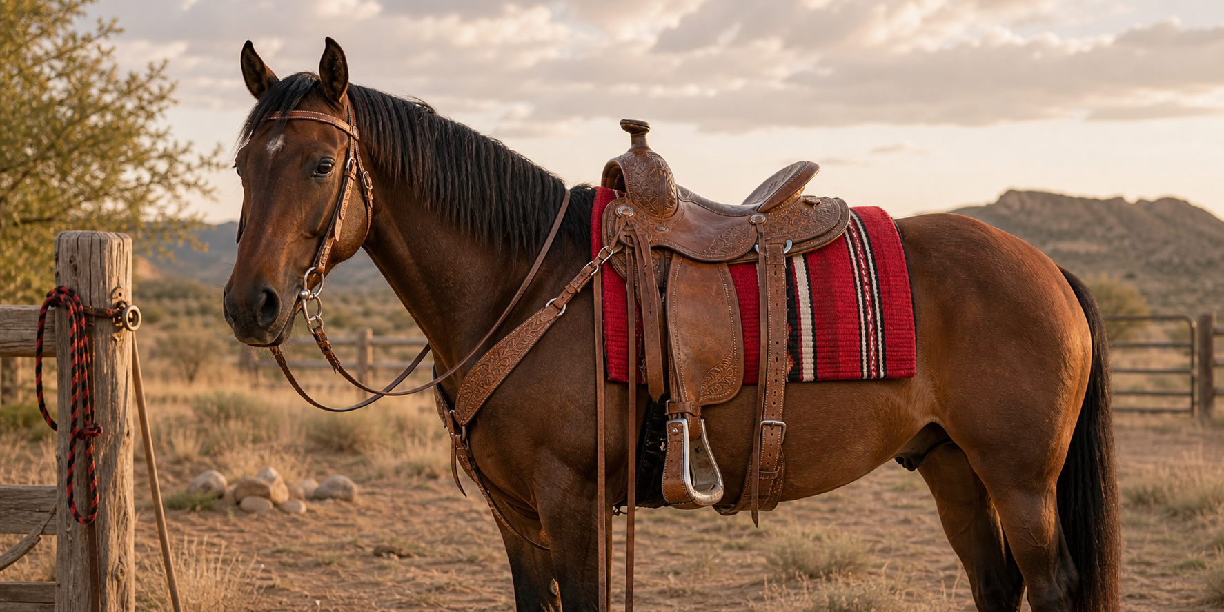Bay horse wearing a western saddle over a red woven saddle pad at a ranch trailhead