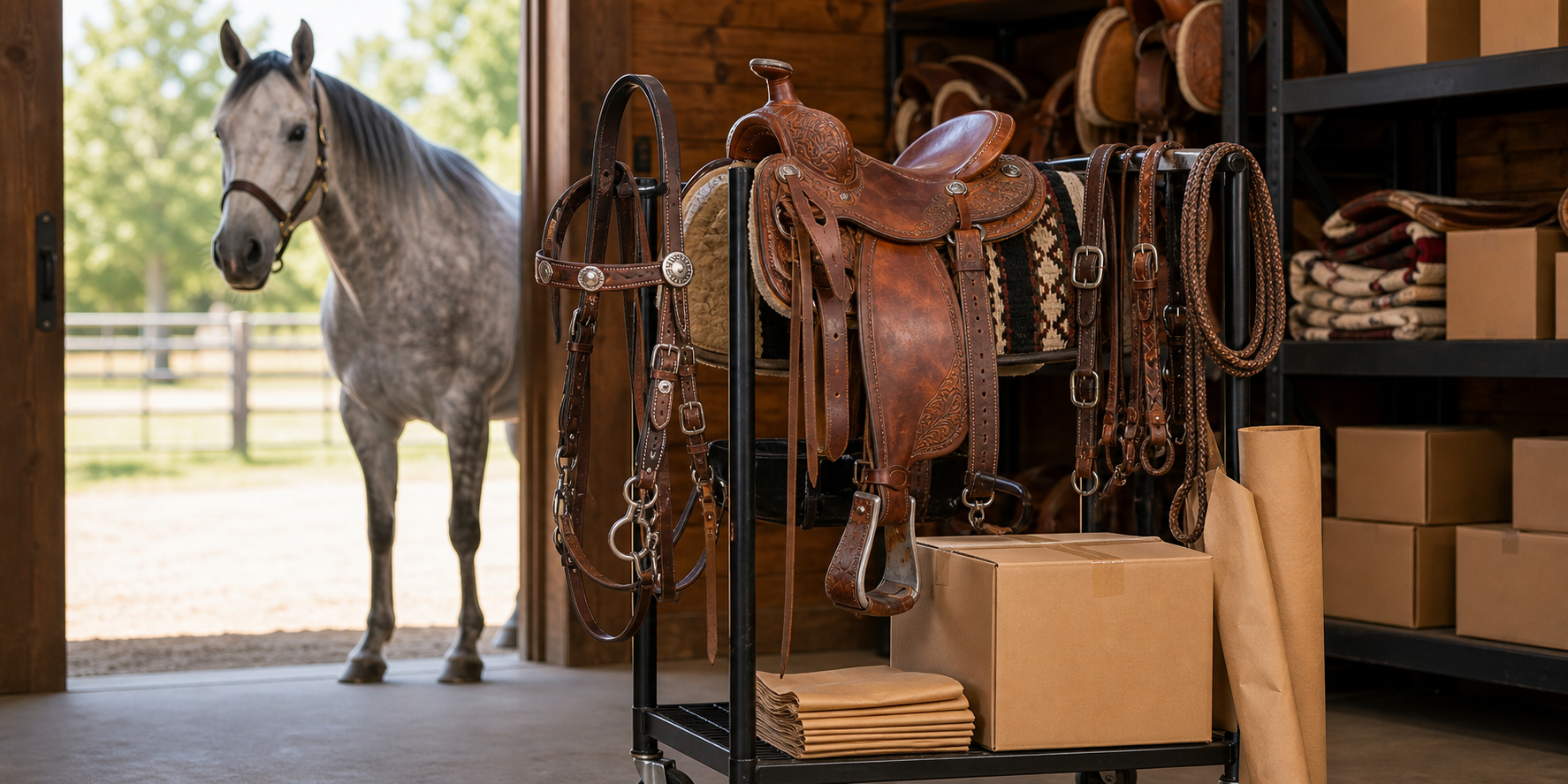 Western saddle and tack staged on a ready to ship rack with packing boxes and a gray horse in a barn doorway