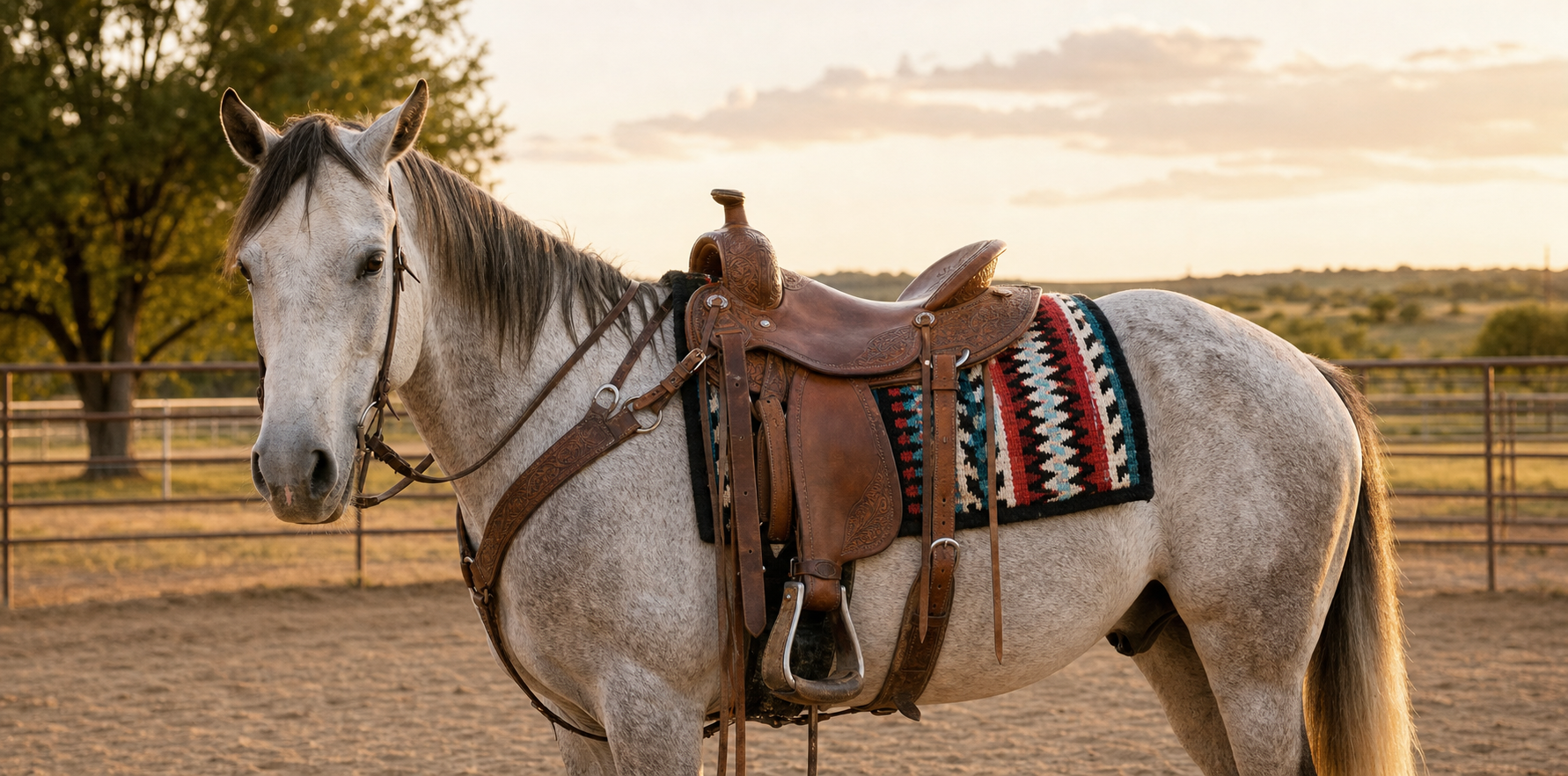 Gray horse wearing a western saddle with a colorful woven Showman saddle pad for the Showman saddle pads collection