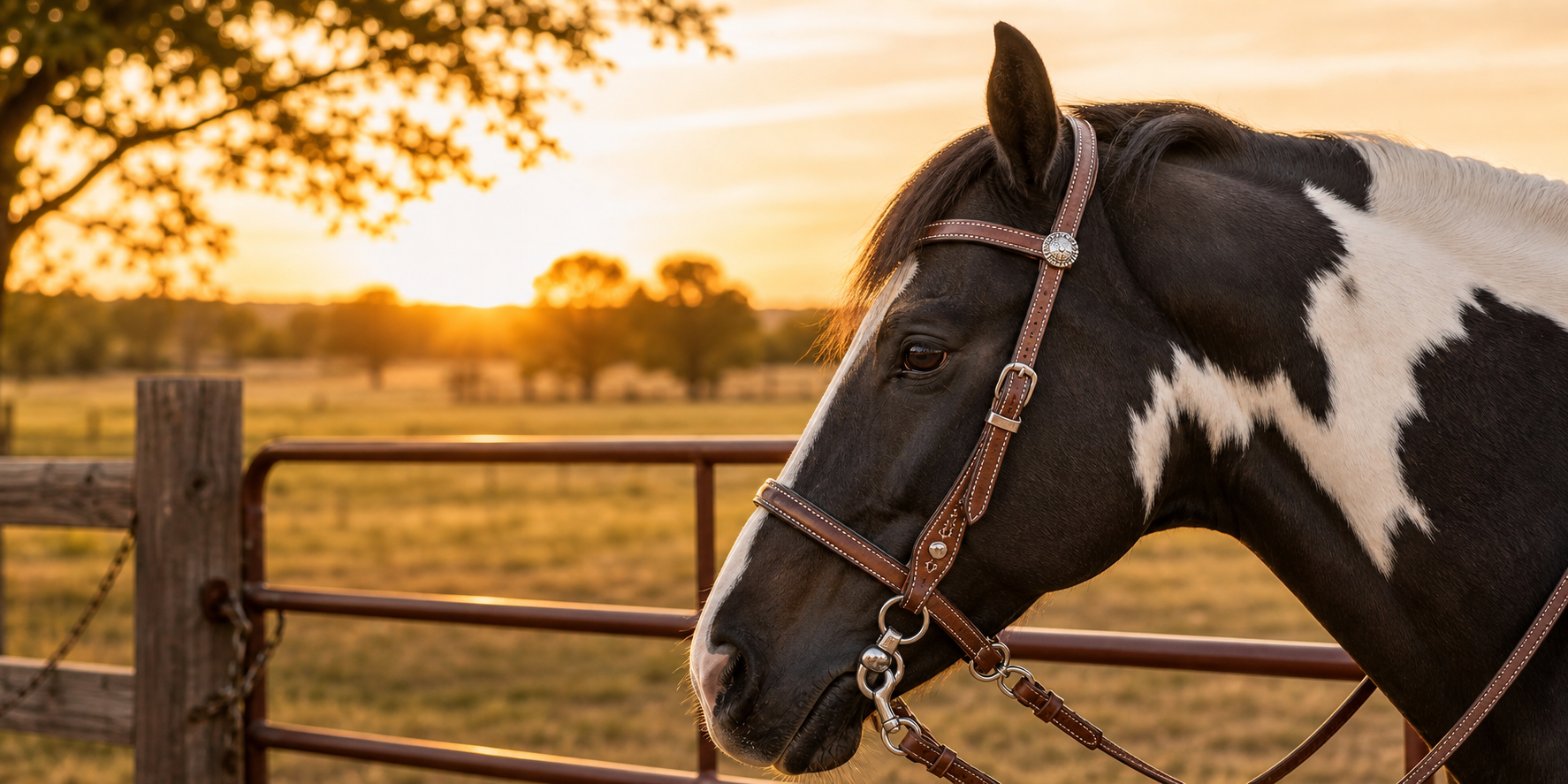 Black and white paint horse wearing a leather single ear western headstall at a ranch gate