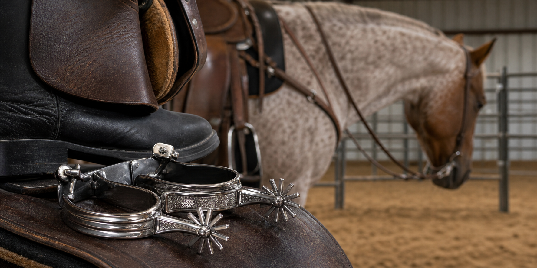 Polished stainless steel western spurs resting on leather tack with a roan horse in an indoor arena
