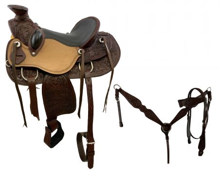 Tooled, Plain Leather and Buck Stitched collection image featuring #LWS1307: Burgundy Wade Style Economy Roping Saddle Set with Bucking rolls, comes complete with Bri
