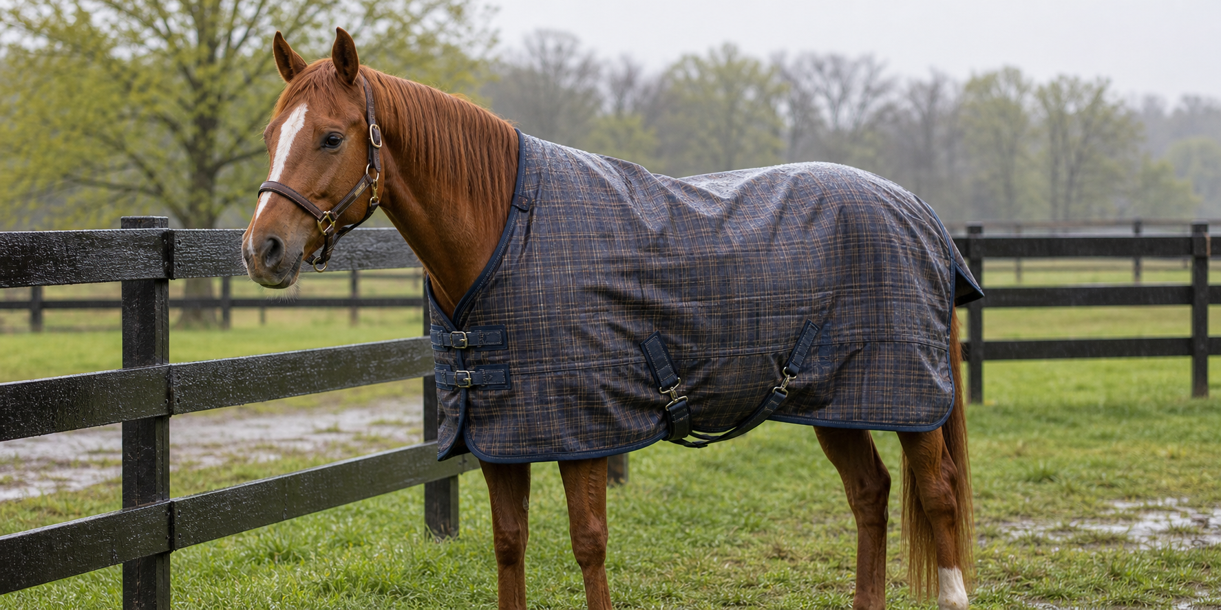 Chestnut horse wearing a plaid waterproof turnout blanket in a wet green paddock