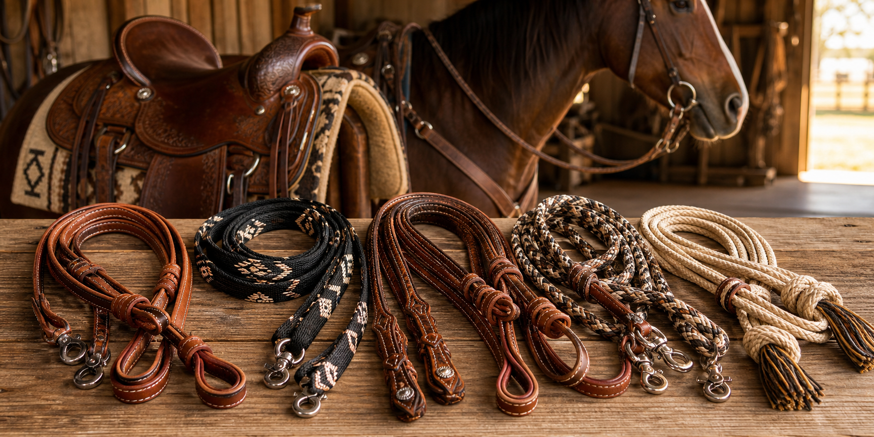 Western horse reins collection with leather and nylon reins
