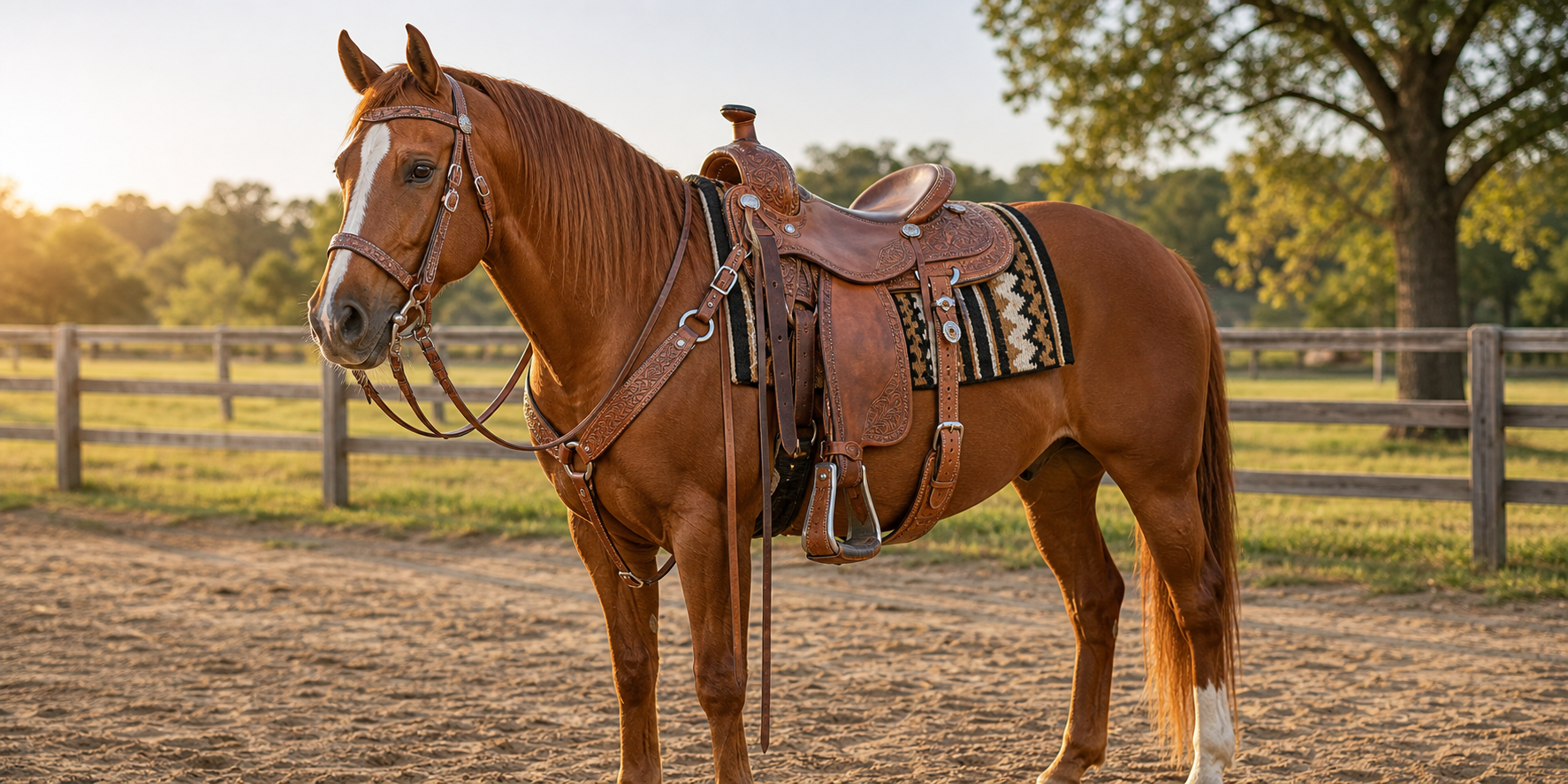 Chestnut horse wearing a matching western saddle set with saddle, breast collar, headstall, reins, and saddle pad