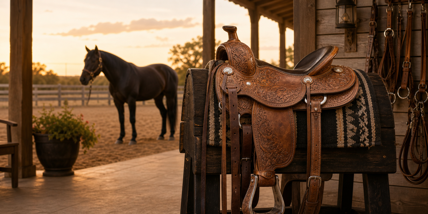 Polished tooled western saddle on a dark wood rack with a black horse in a sunset arena