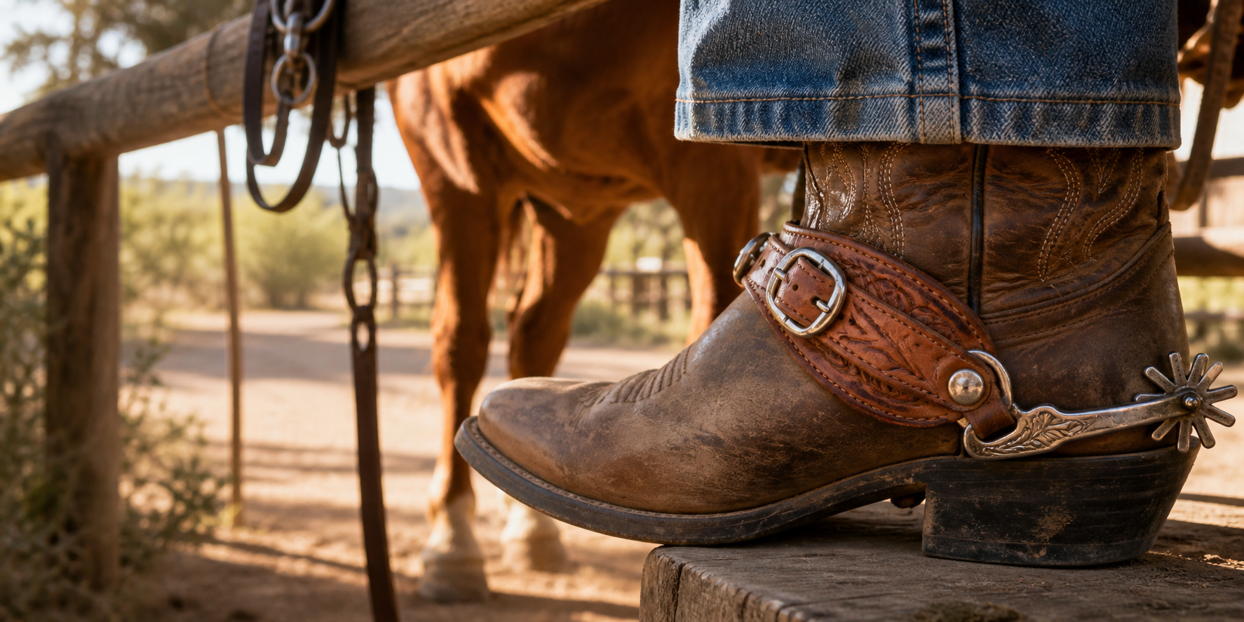 Leather cowboy boot with western spur and carved spur strap beside a chestnut horse for the western spur straps collection