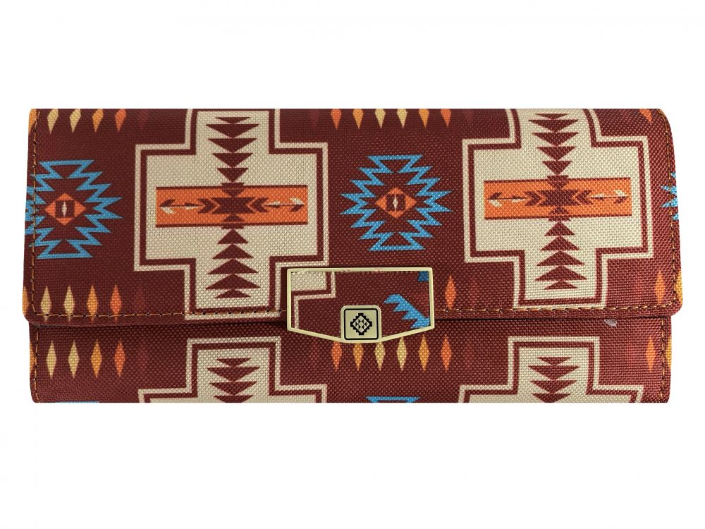 Aztec print zippered wallet with button closure
