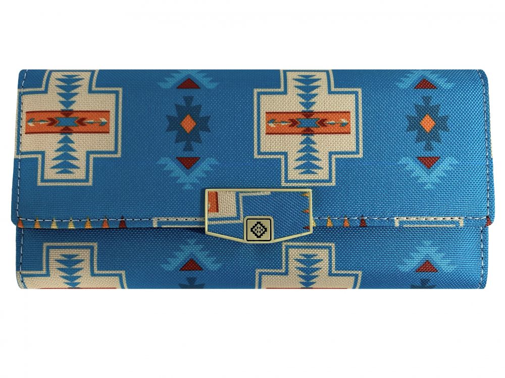 Aztec print zippered wallet with button closure