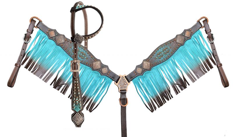 Showman ® Teal / Brown Ombre Fringe tooled leather 14516