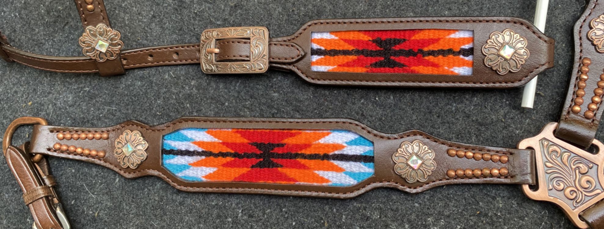 Showman Browband Headstall & Breast collar set with wool southwest blanket inlay - red and orange