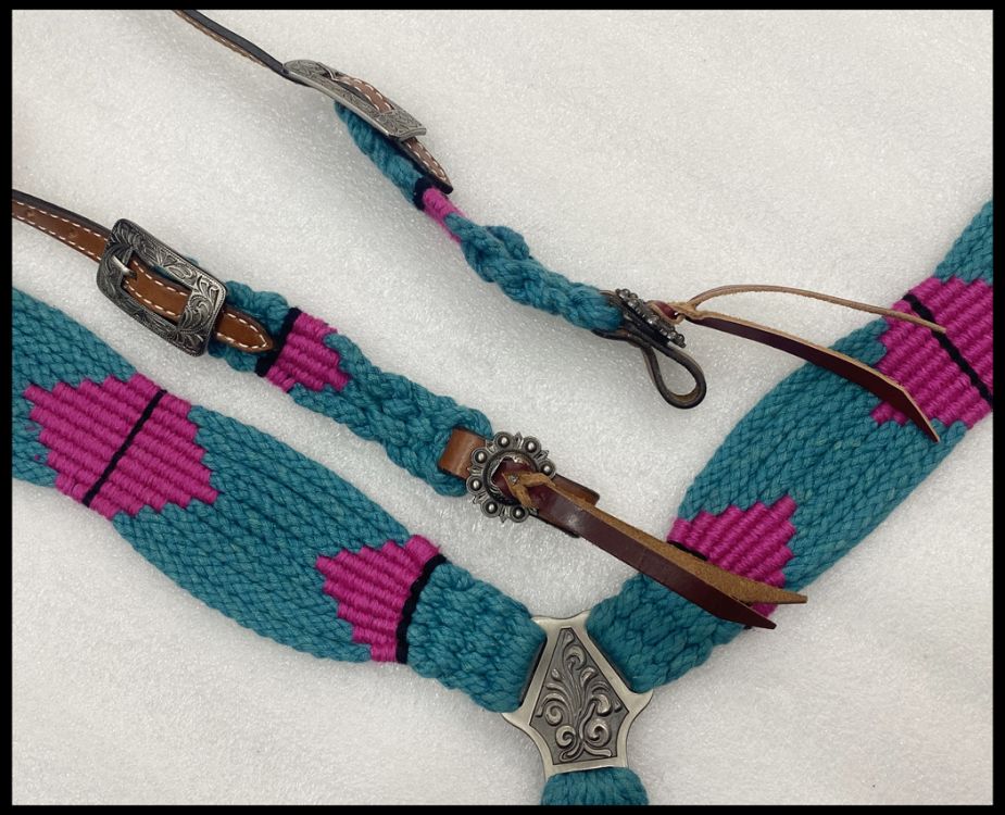 Showman Corded One Ear Headstall & Breast collar set - teal and pink