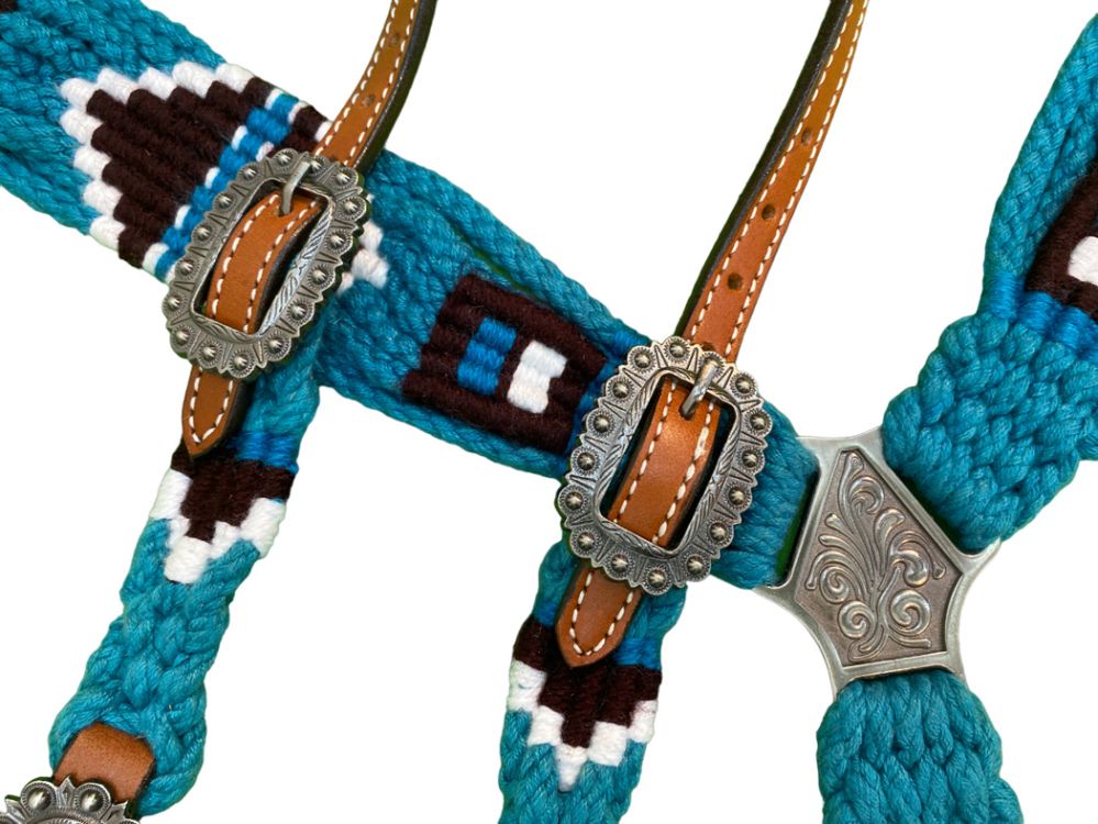Showman Pony Size Corded One Ear Headstall & Breast collar set - turquoise, black, and white