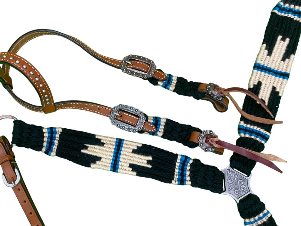 Showman Pony Size Corded One Ear Headstall & Breast collar set - Black, white, and blue