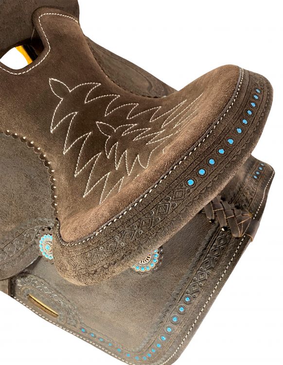 10" Double T Barrel style saddle with Teal buckstitch accents