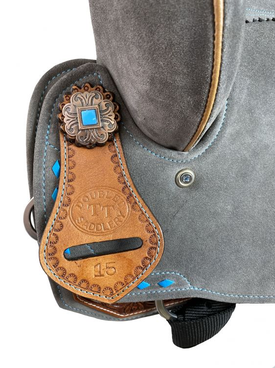 15" Double T Gray Suede Barrel Style Saddle With Teal Buckstitching