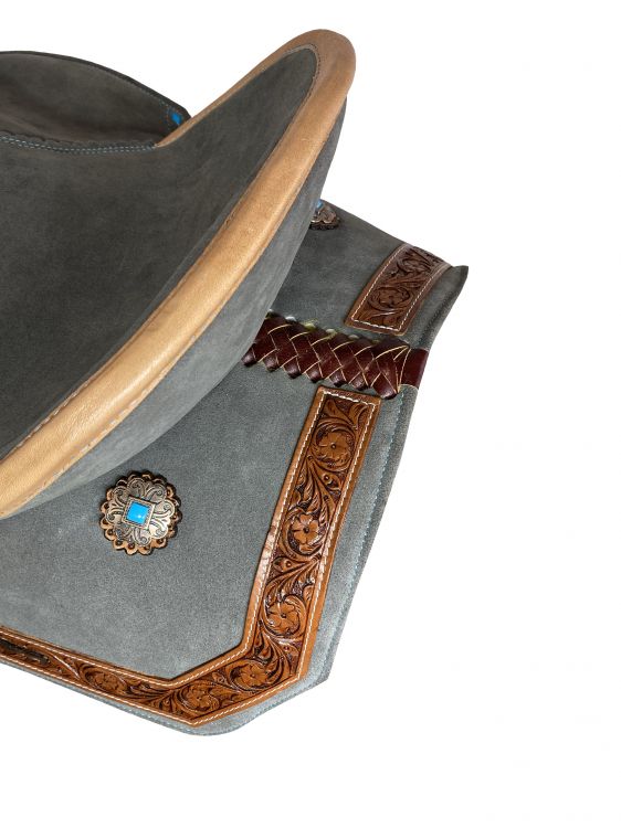 15" Double T Gray Suede Barrel Style Saddle With Teal Buckstitching