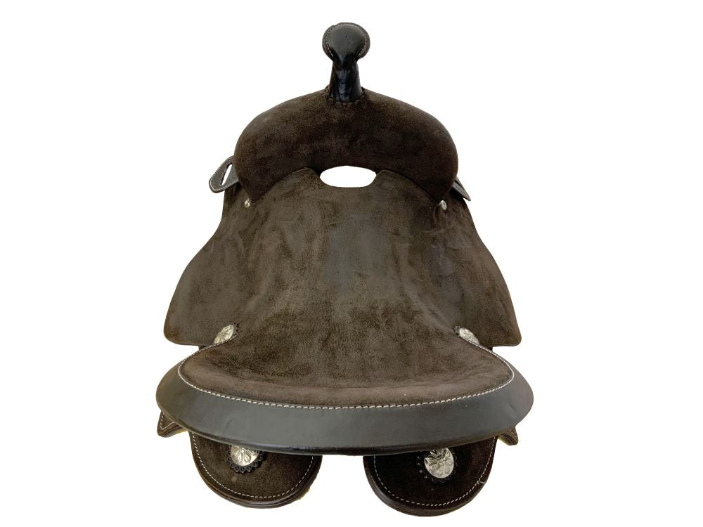 15" Double T Chocolate Rough Out Leather Barrel Saddle - Spinal Relief Skirt