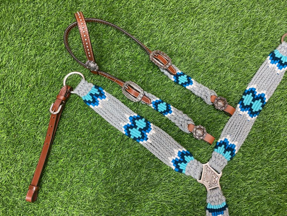 Showman Corded One Ear Headstall and Breast Collar Set - Gray/Blue