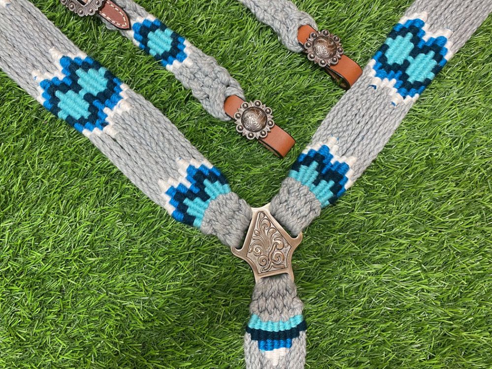 Showman Corded One Ear Headstall and Breast Collar Set - Gray/Blue