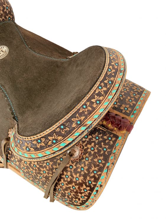 12" Double T Barrel Style Saddle with Teal Flower and Buckstitch Accents