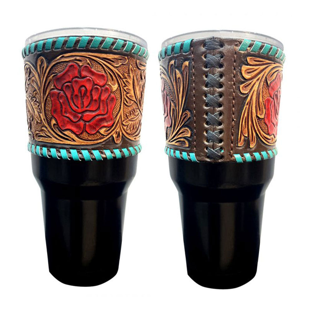 30 oz Insulated Black Tumbler with Removable Argentina Cow Leather floral tooled sleeve - red rose accent