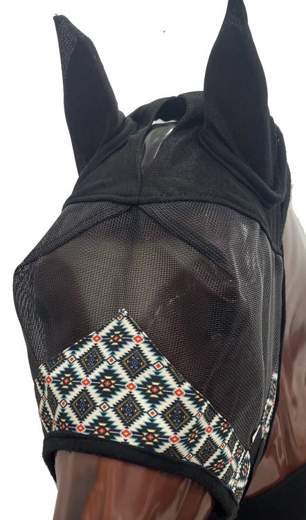 Showman Aztec print accent horse size fly mask with ears - white with color accents