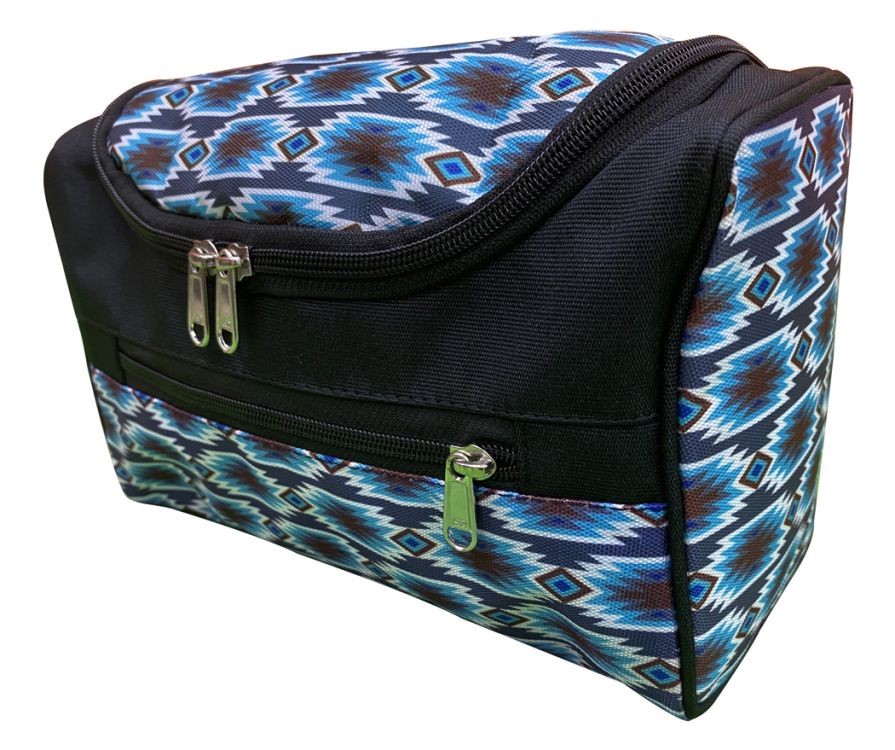 Showman Gray Blue Aztec Print Hanging Toiletry Bag - Gray/Brown/Blue