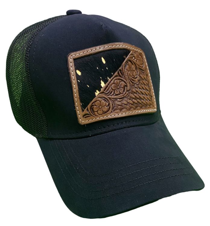 Women's Ponytail Adjustable Baseball Cap - Blk & Gold Hair on Cowhide/Floral Tooled Leather
